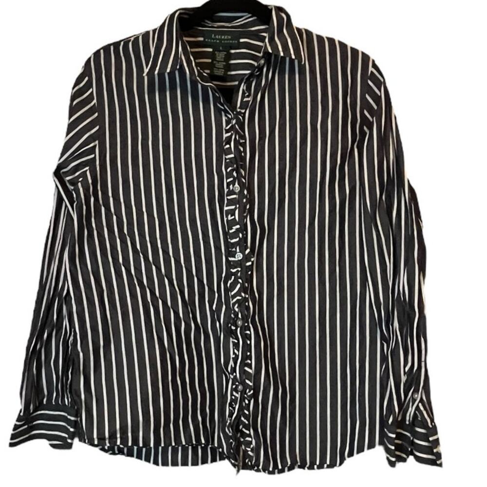 Ralph Lauren Long Sleeve  Gray and White Pinstriped Ruffled Blouse Size Large